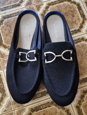 Rothy's Black Slip-On Loafers with Silver Double Mule Buckles sz 10